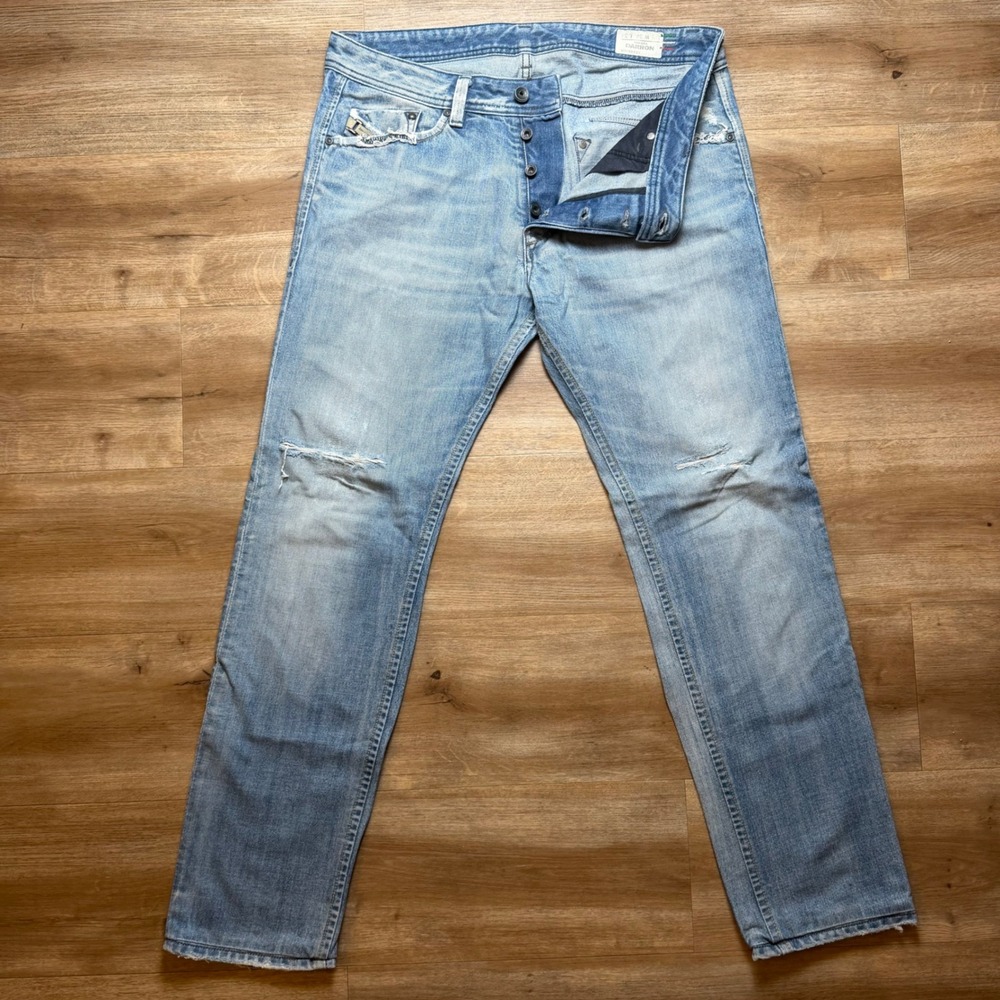 Diesel Darron Jeans Mens 34x31 Light Blue Slim Tapered Distressed Wash 0071V